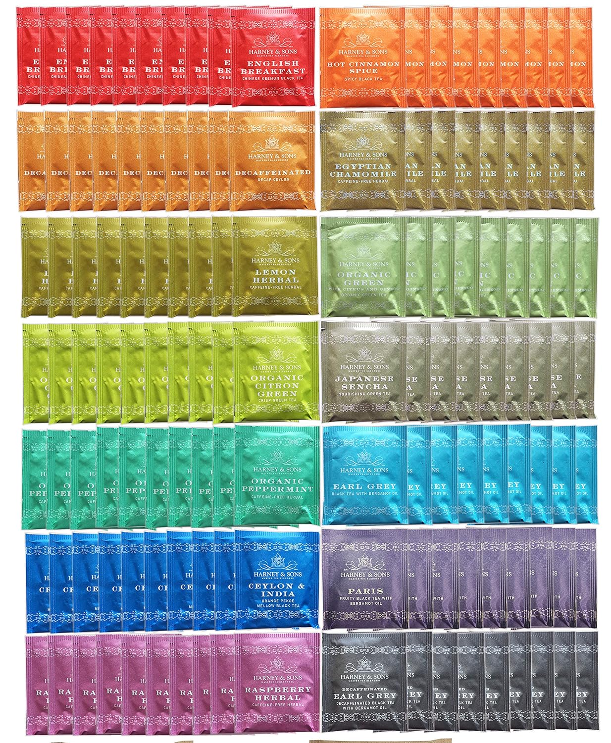 Savies assorted tea bags in various flavors arranged in colorful rows