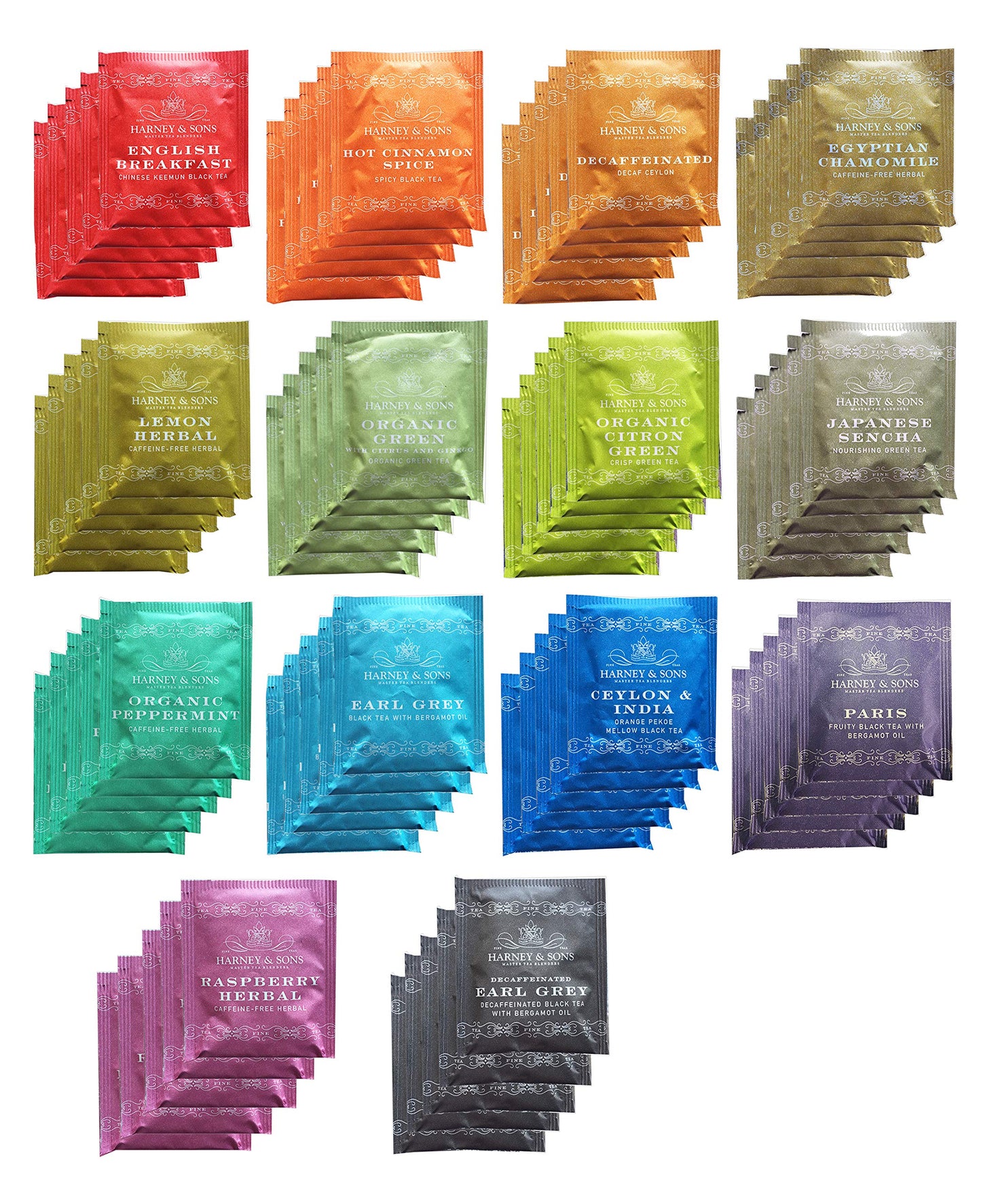 Savies assorted tea bags in various flavors including breakfast, cinnamon, chamomile, herbal, green, and more