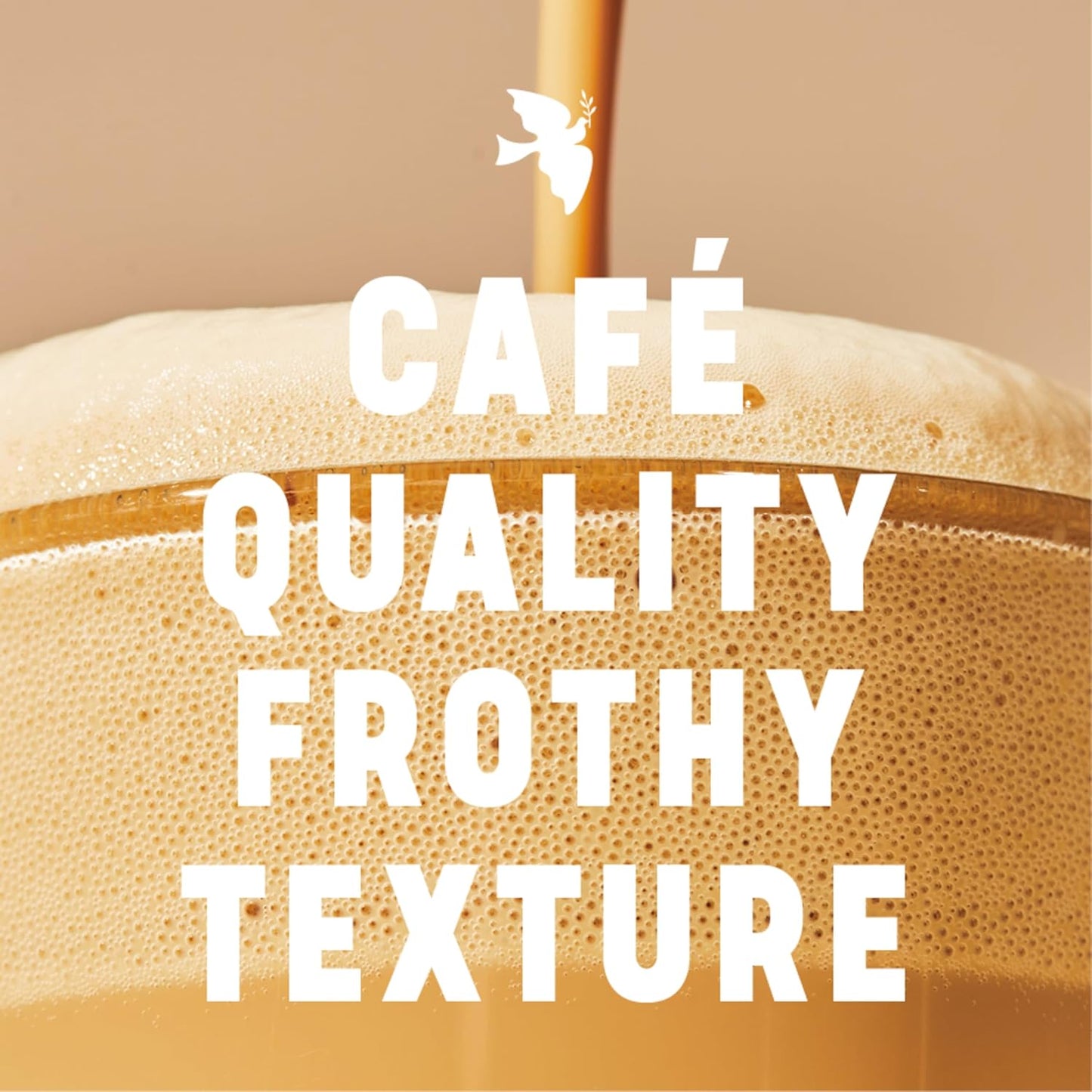 Close-up of frothy latte foam pouring with text highlighting café quality frothy texture La Colombe Draft Latte 4 pack