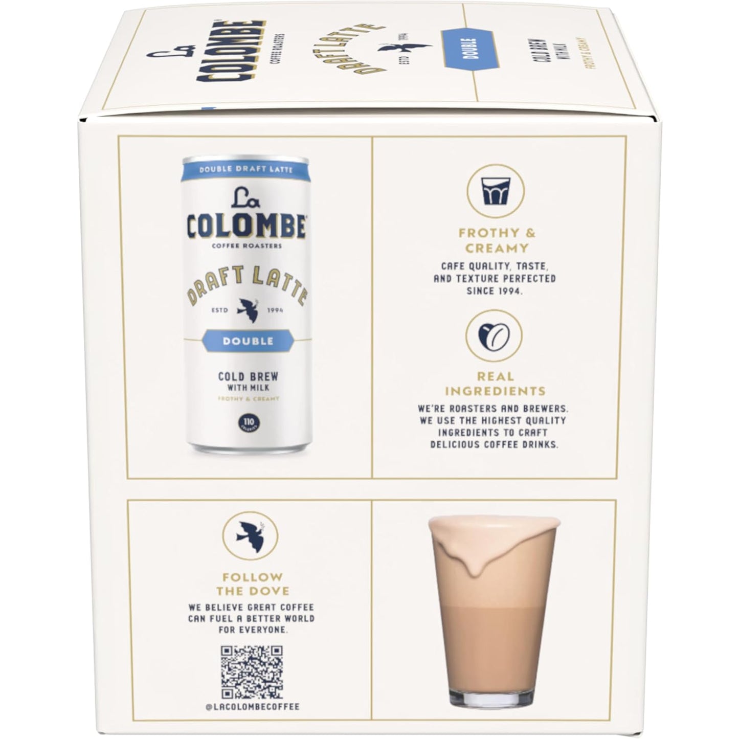La Colombe Draft Latte 4 pack box featuring a cold brew can and glass of frothy creamy coffee