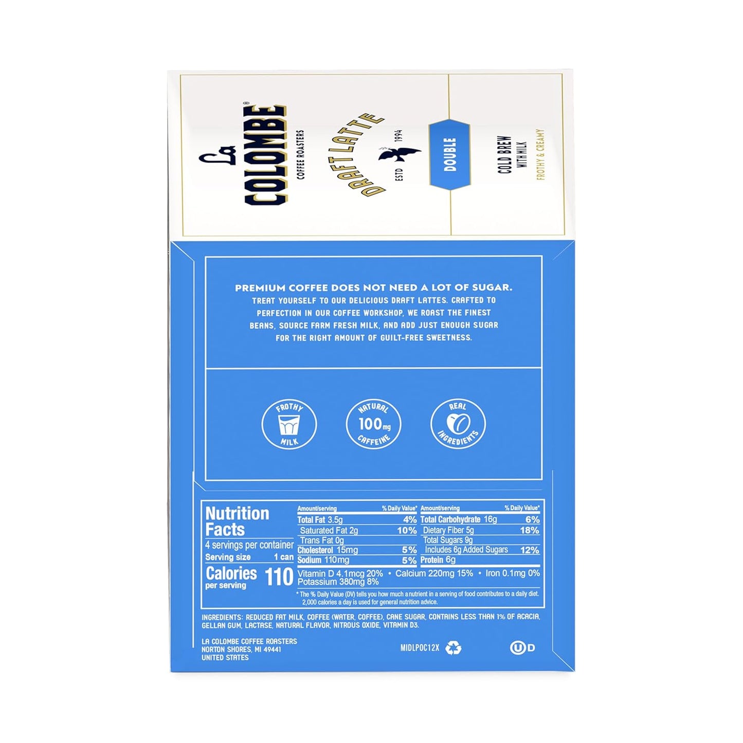 La Colombe Draft Latte 4 pack with premium coffee details and nutrition facts on blue and white packaging