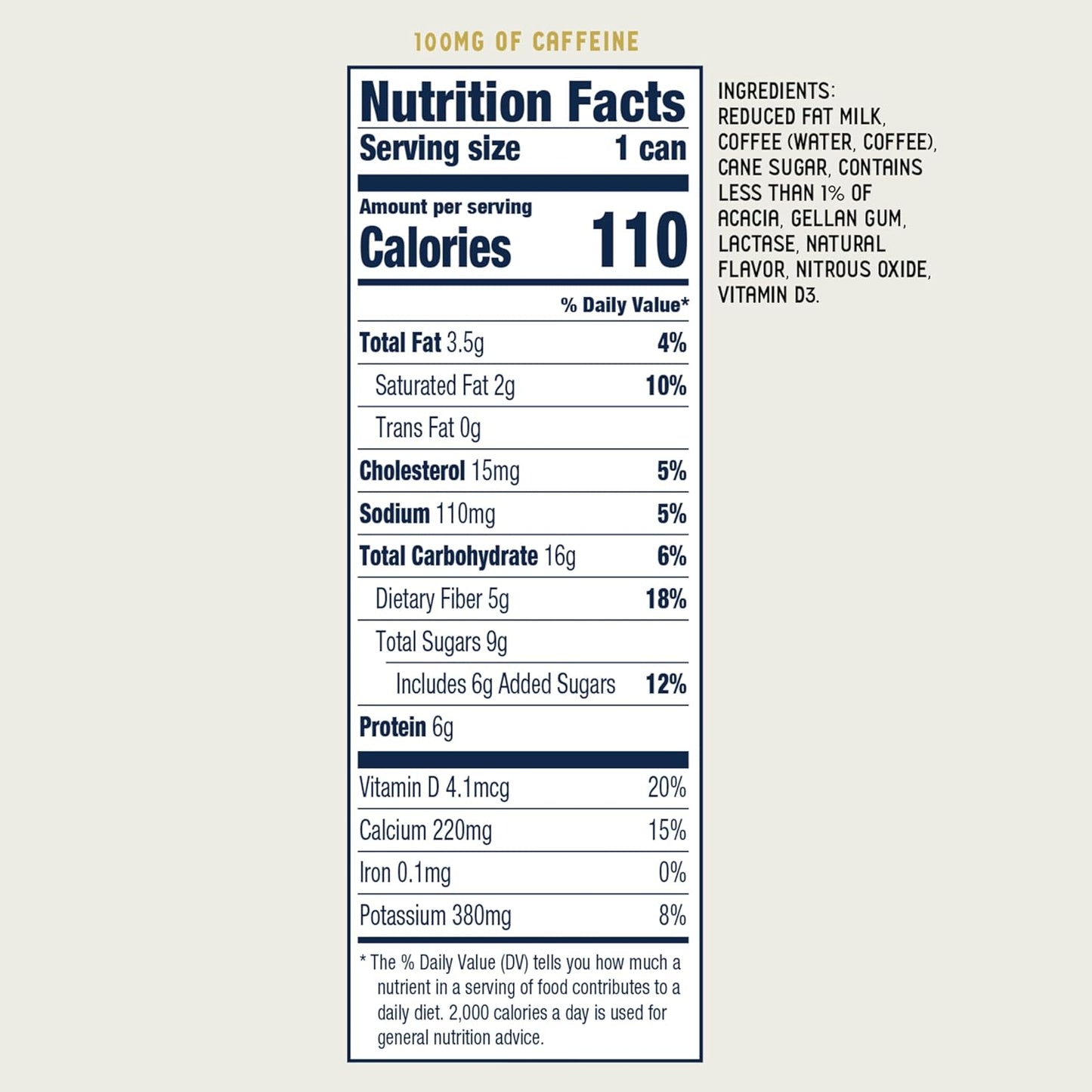 Nutrition facts label for La Colombe Draft Latte 4 pack showing calories and ingredients