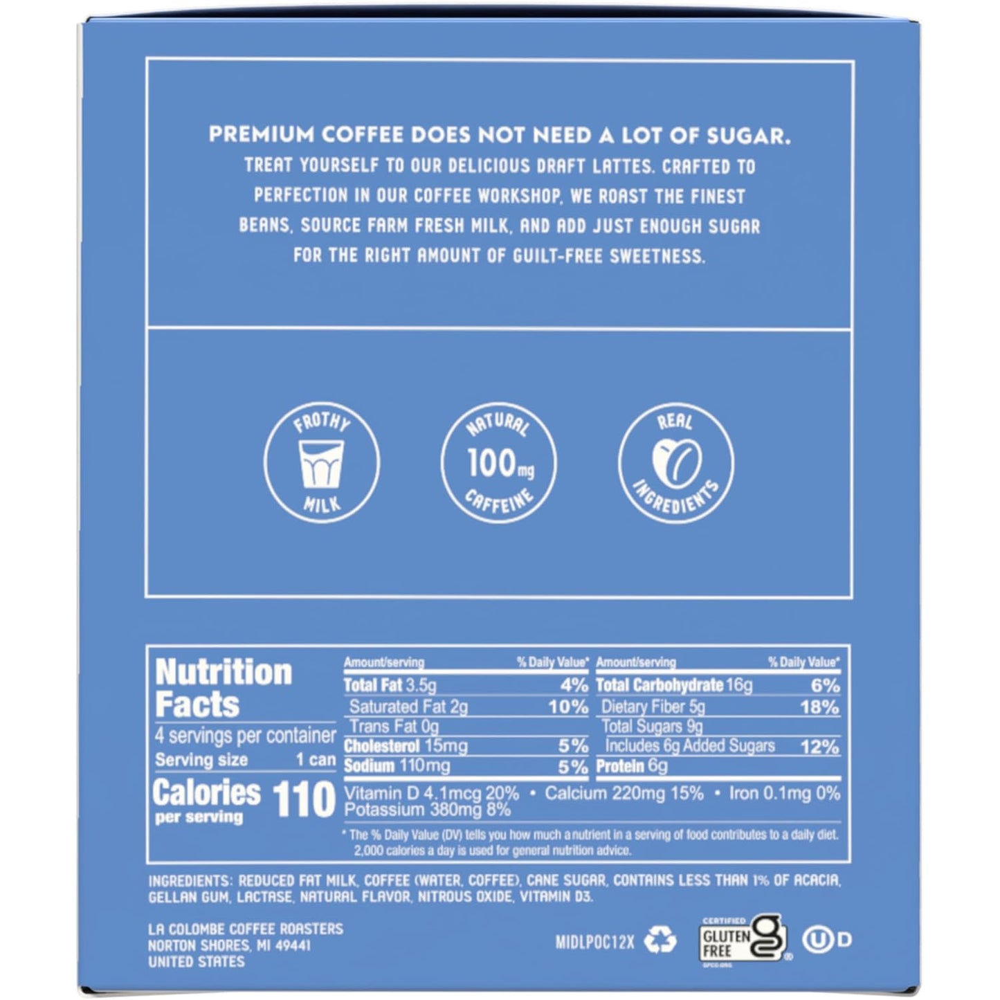 Back of La Colombe Draft Latte 4 pack box showing nutrition facts and product details by Savies