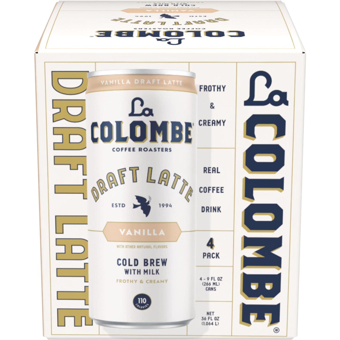 La Colombe Draft Latte 4 pack vanilla cold brew coffee with milk in frothy creamy cans