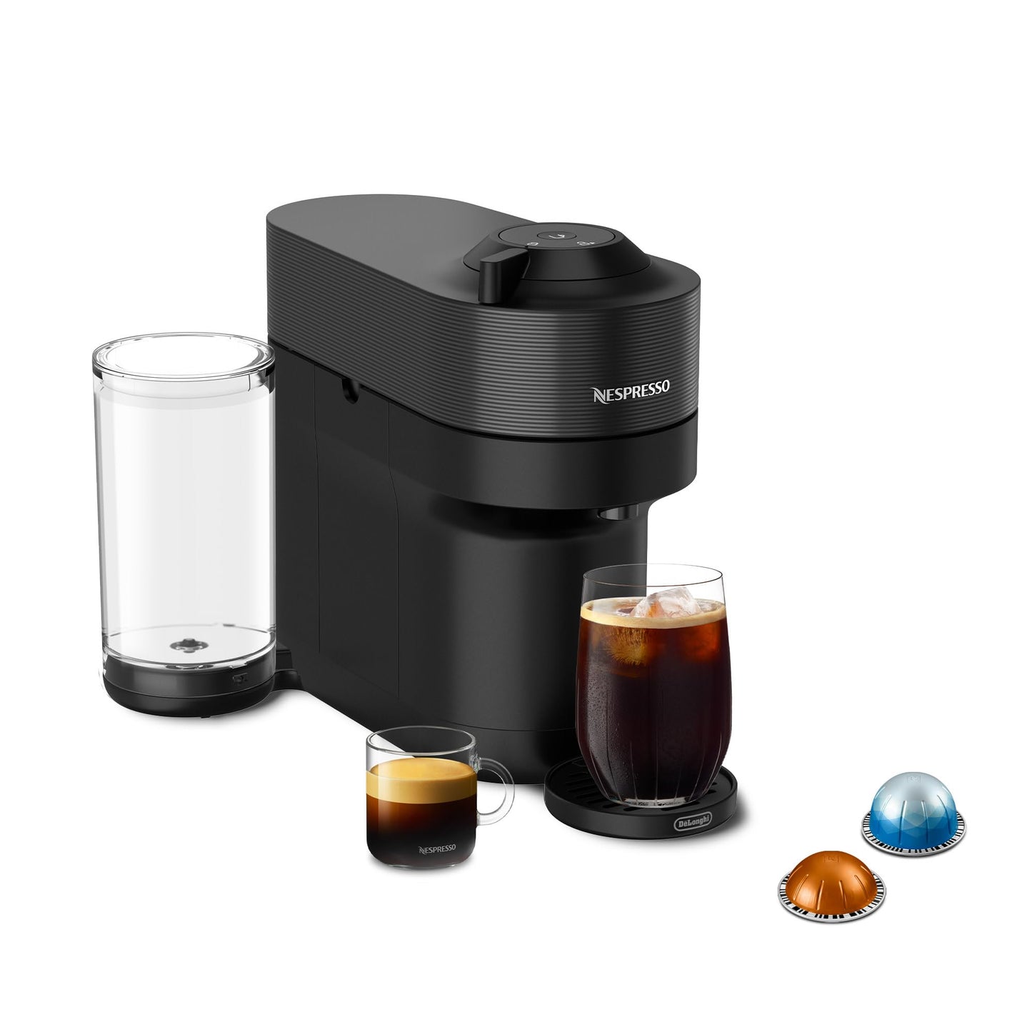 Savies Nespresso coffee capsule bundle featuring black Nespresso machine with espresso and iced coffee cups and coffee capsules