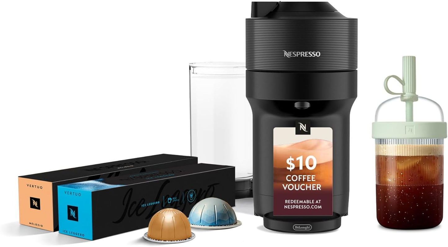 Savies Nespresso coffee capsule bundle with black coffee machine, assorted capsules, and cold brew container