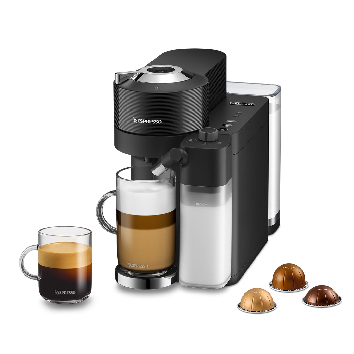 Nespresso coffee capsule bundle with black Nespresso machine brewing coffee and three coffee capsules