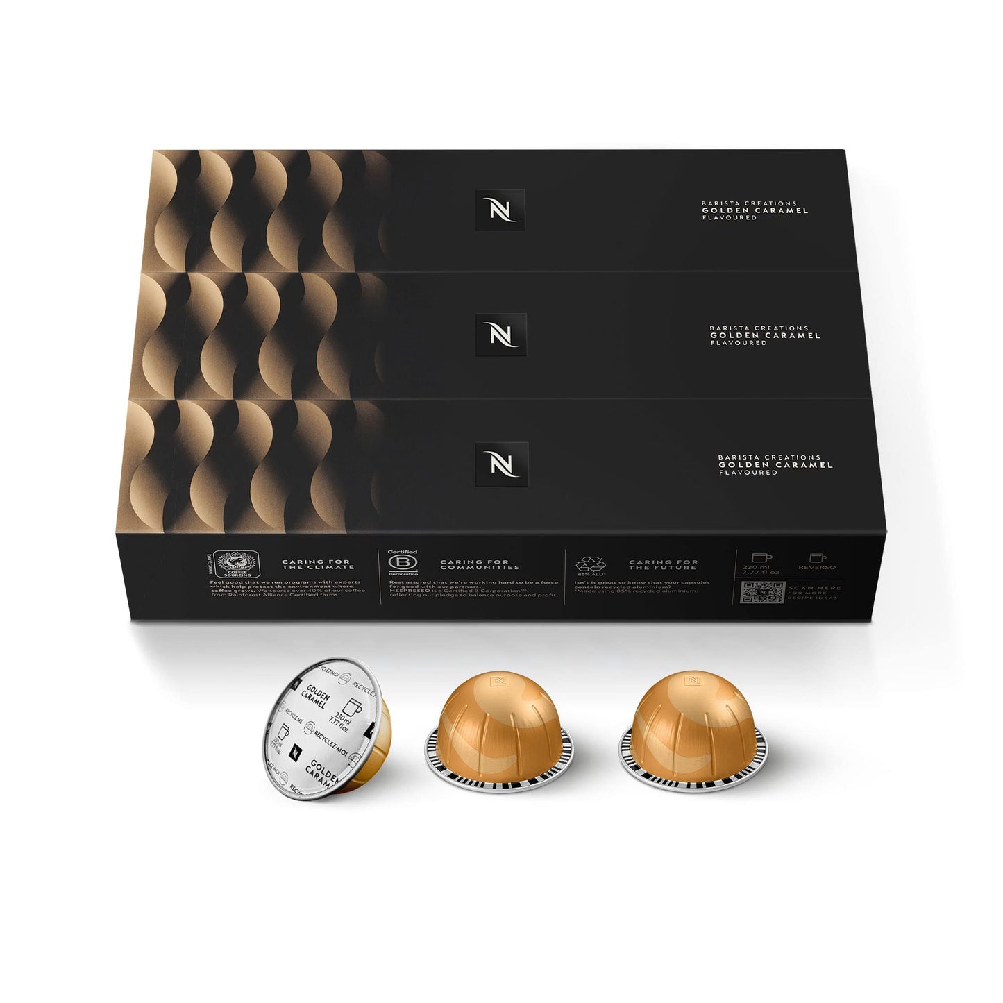 Savies Nespresso coffee capsule bundle with golden caramel flavored coffee pods in sleek black packaging