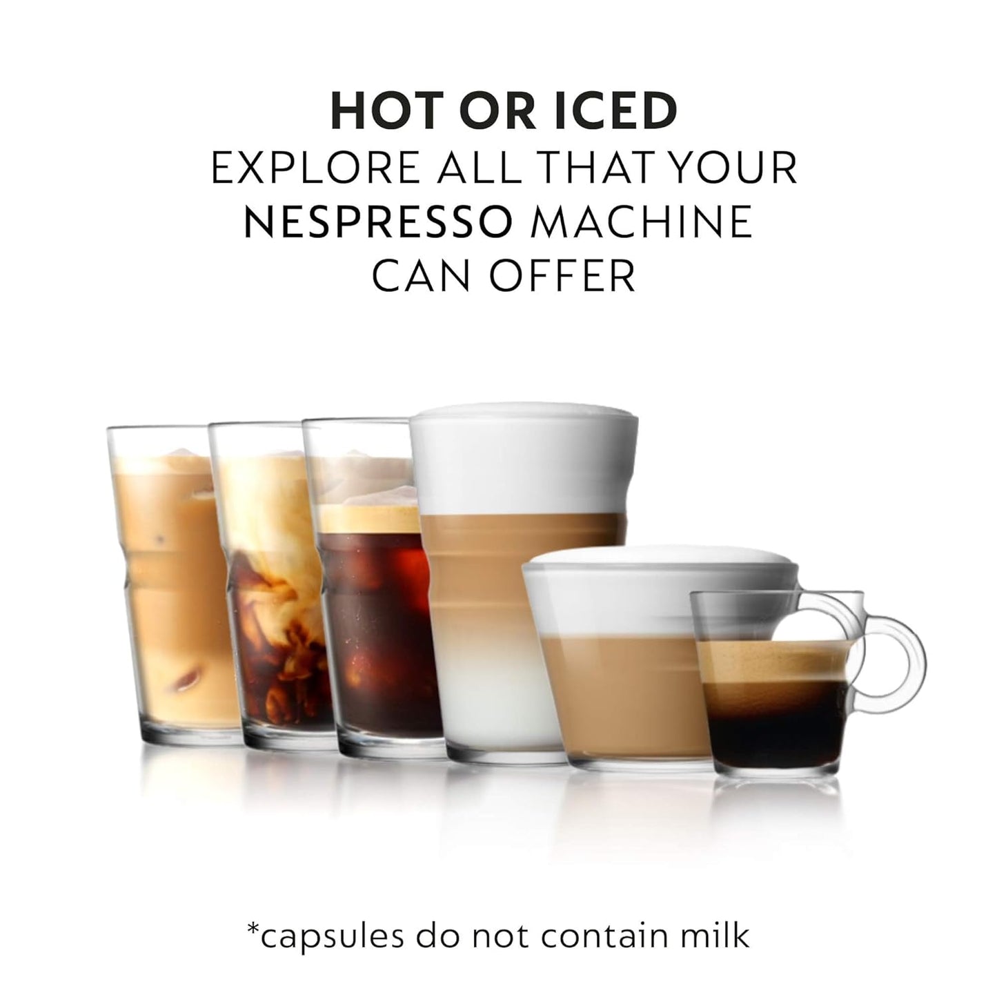Variety of hot and iced coffee drinks made from Nespresso coffee capsule bundle showing different glass cups with layered coffee and milk