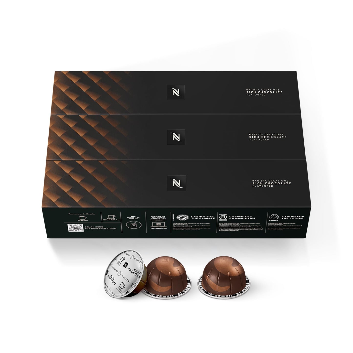 Savies Nespresso coffee capsule bundle with three boxes of rich chocolate flavored capsules and three capsules displayed