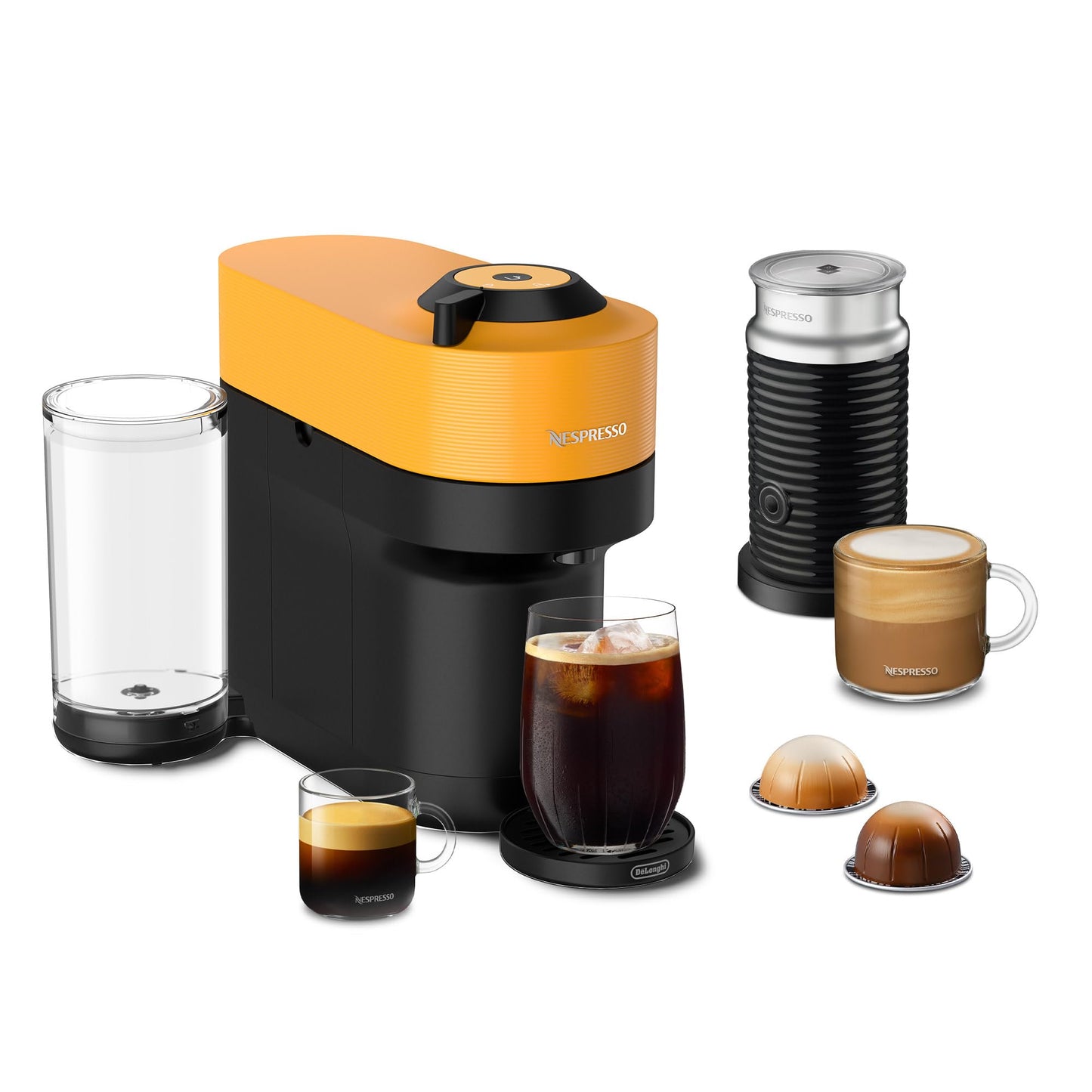 Savies Nespresso coffee capsule bundle featuring a yellow and black coffee machine with a milk frother and two coffee capsules