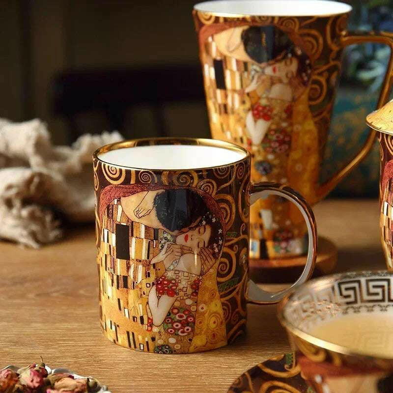 Savies premium coffee gift bundle featuring gold art deco style coffee mugs with intricate romantic designs