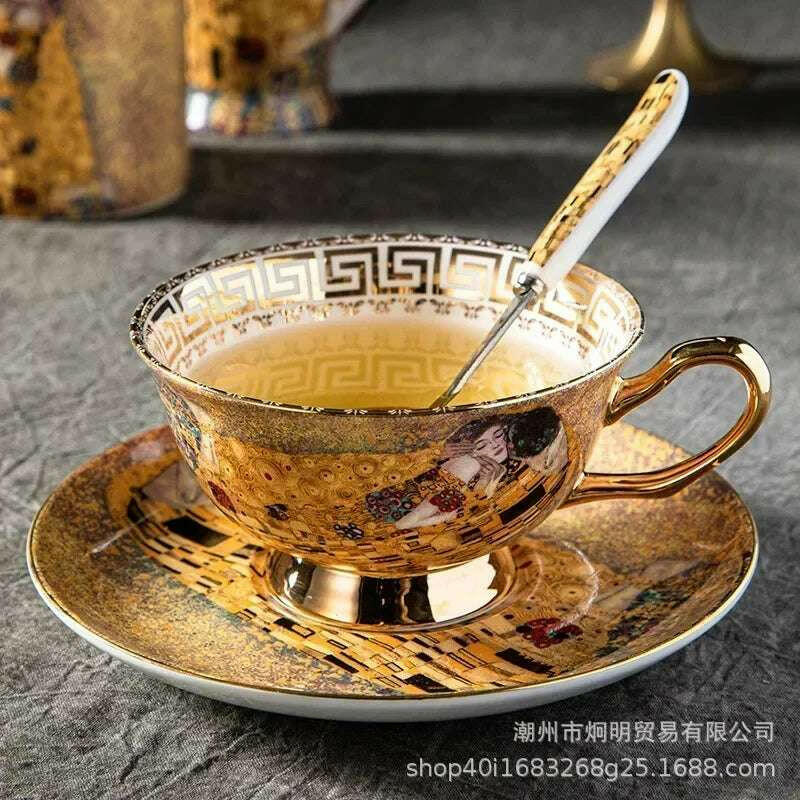 Savies elegant gold patterned teacup and saucer with a decorative spoon perfect for premium coffee gift bundle