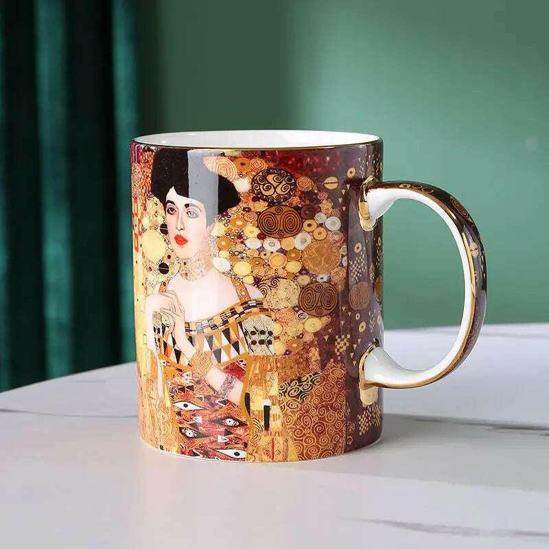 Savies coffee mug featuring intricate Gustav Klimt inspired artwork in warm gold tones for premium coffee gift bundle