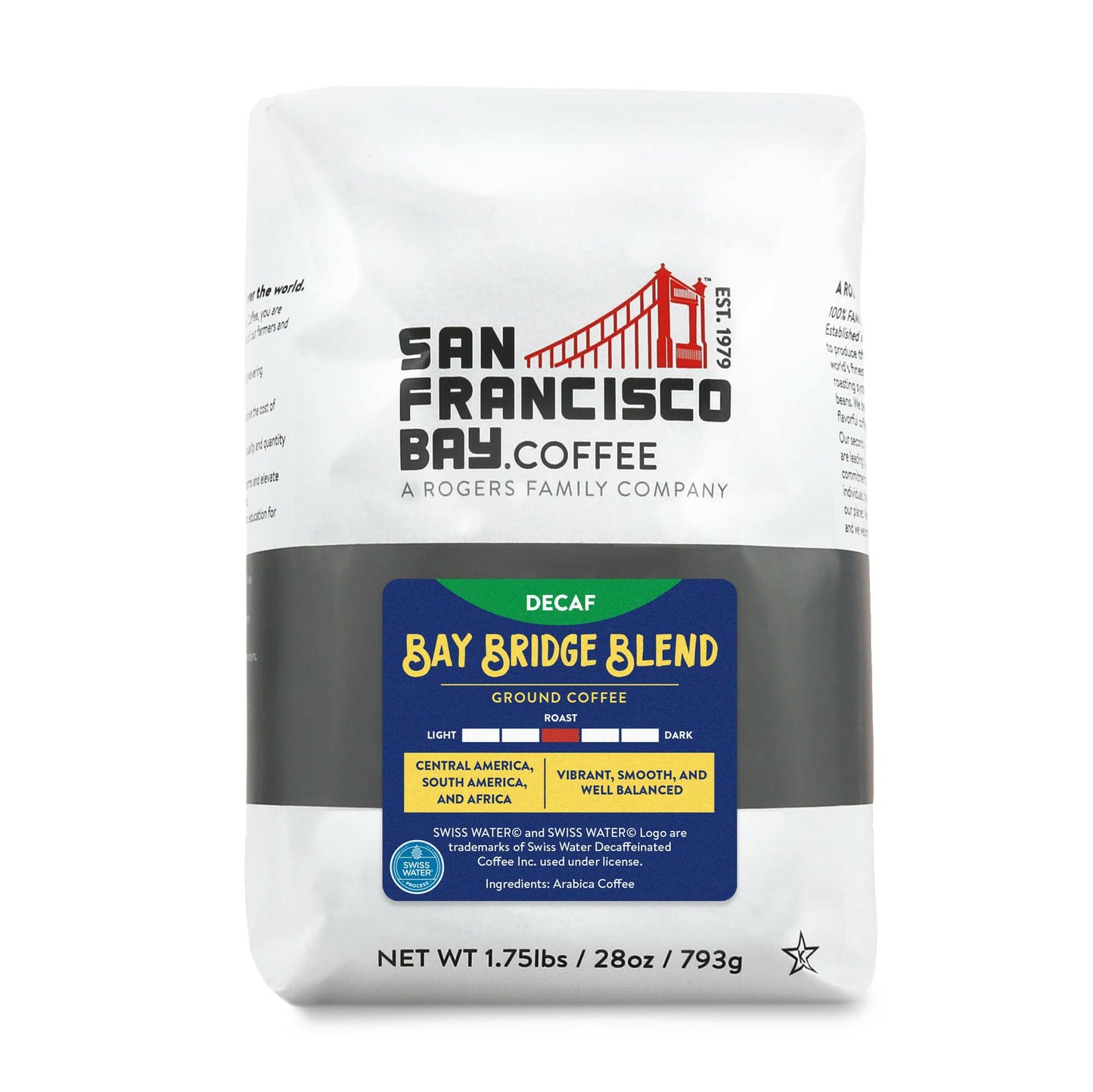San Francisco Bay Coffee decaf Bay Bridge Blend ground coffee bag in premium coffee gift bundle