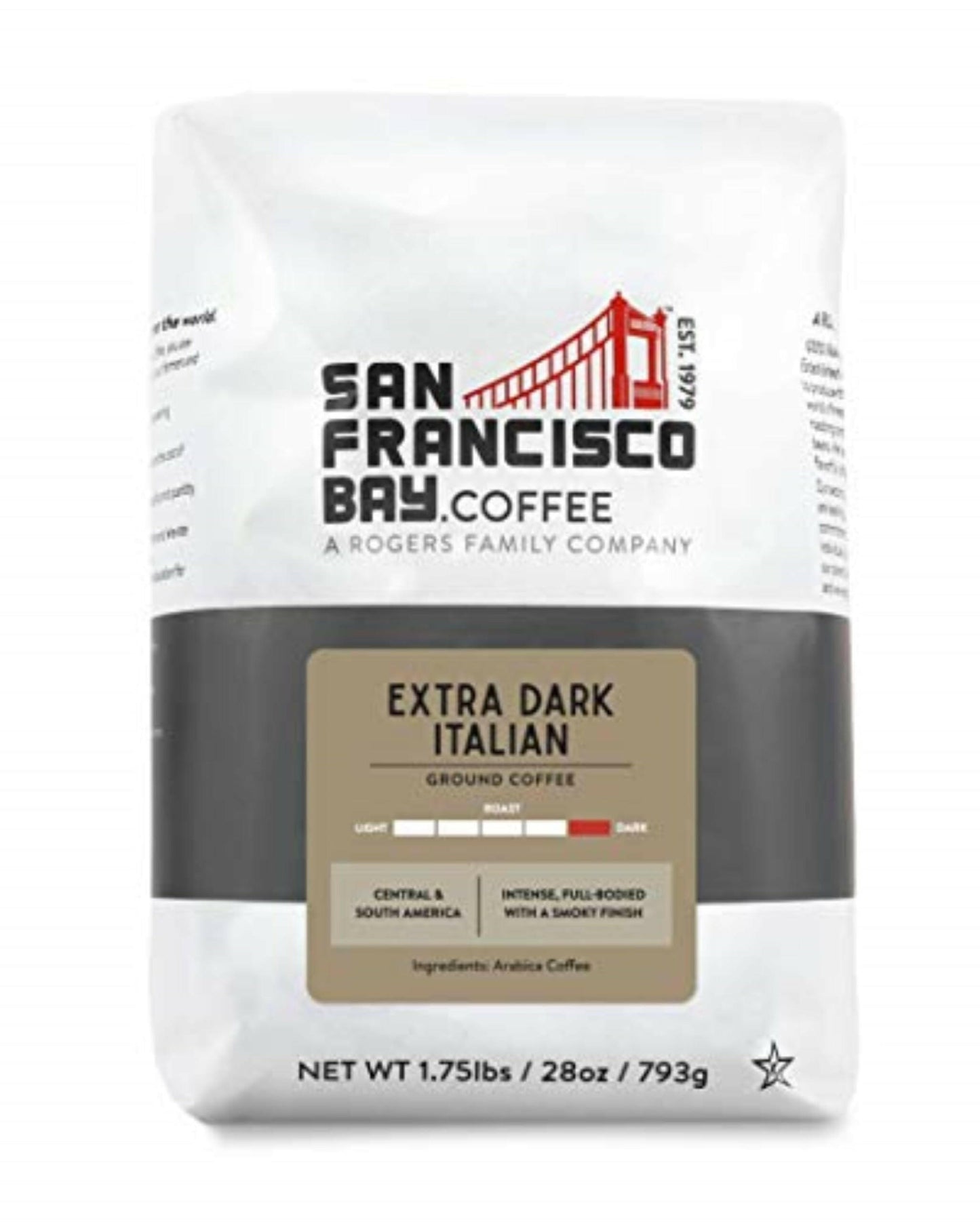 San Francisco Bay Coffee Extra Dark Italian ground coffee bag included in premium coffee gift bundle