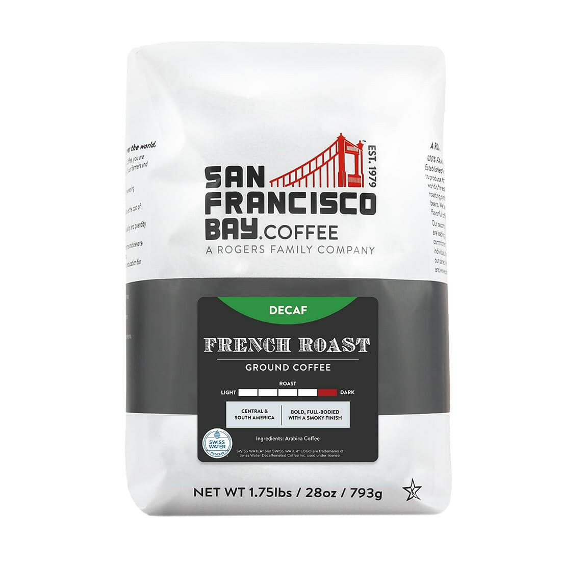 San Francisco Bay Coffee decaf French roast ground coffee bag in premium coffee gift bundle