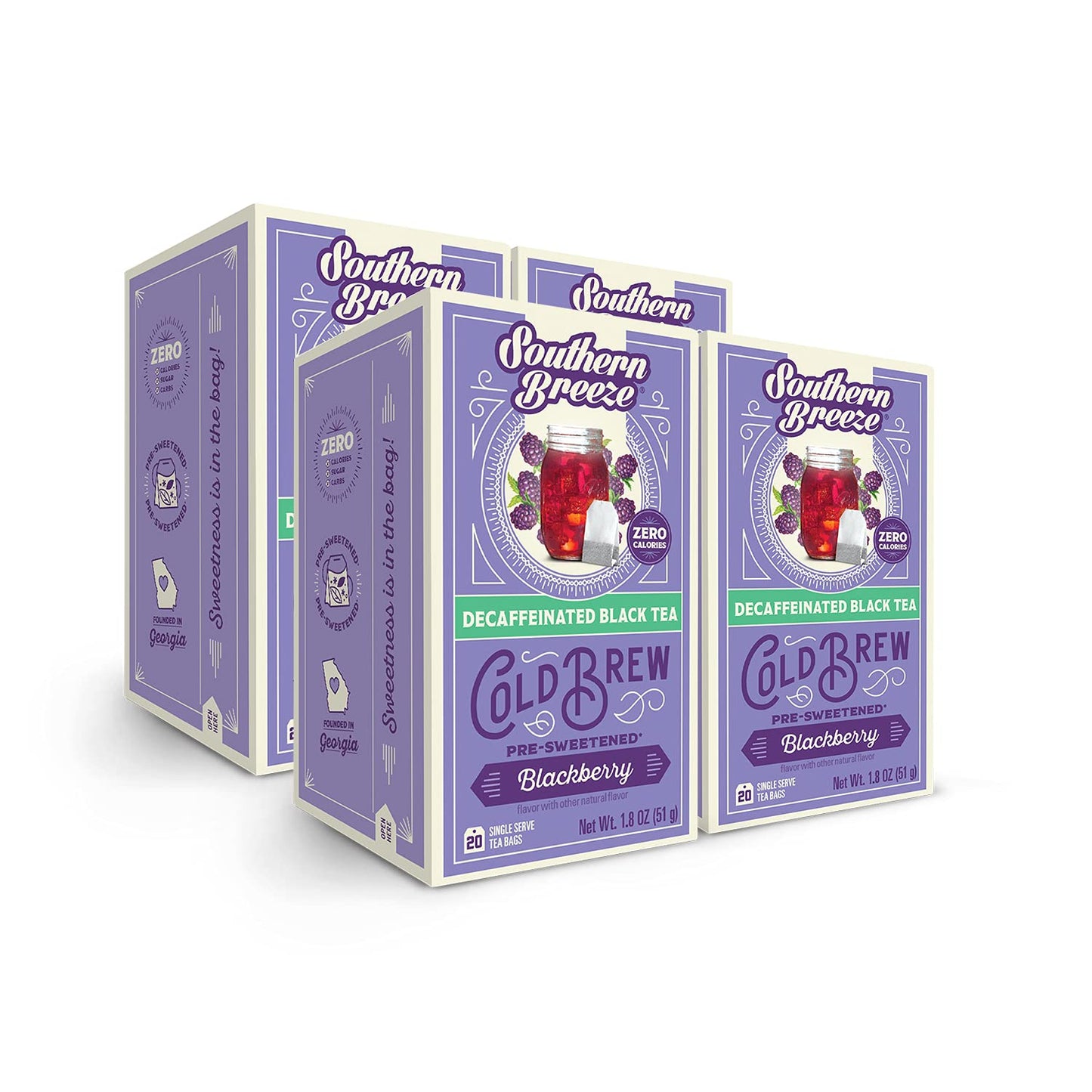 Savies Southern Breeze decaf cold brew tea bags blackberry flavored pre-sweetened black tea