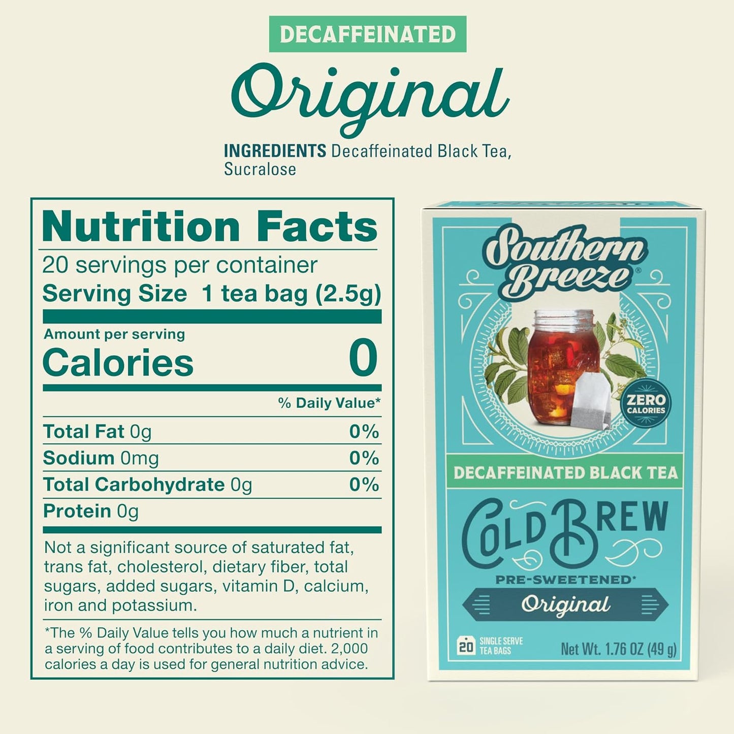Savies decaf cold brew tea bags Southern Breeze Original decaffeinated black tea with nutrition facts