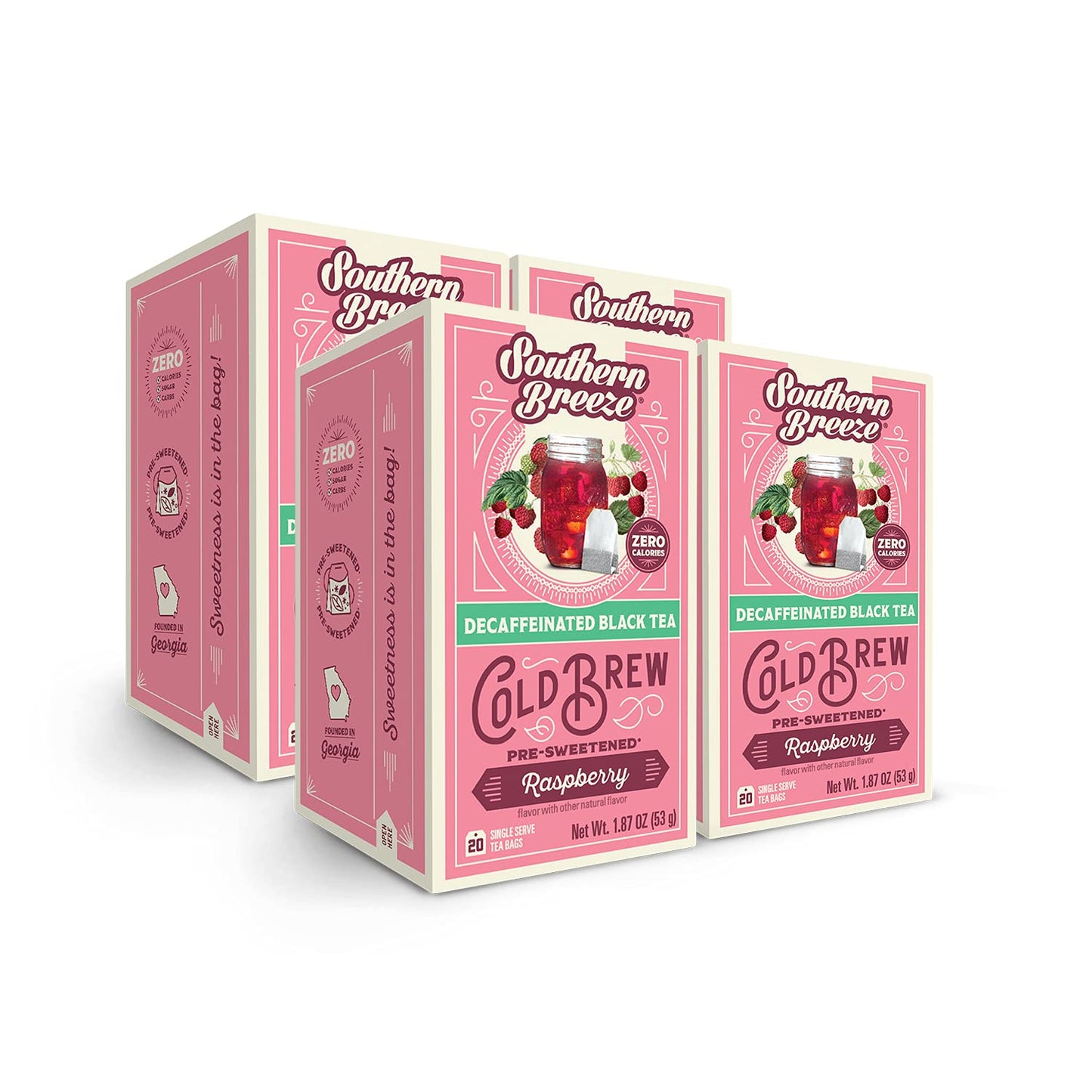 Savies Southern Breeze decaf cold brew tea bags raspberry flavor pre-sweetened black tea pack