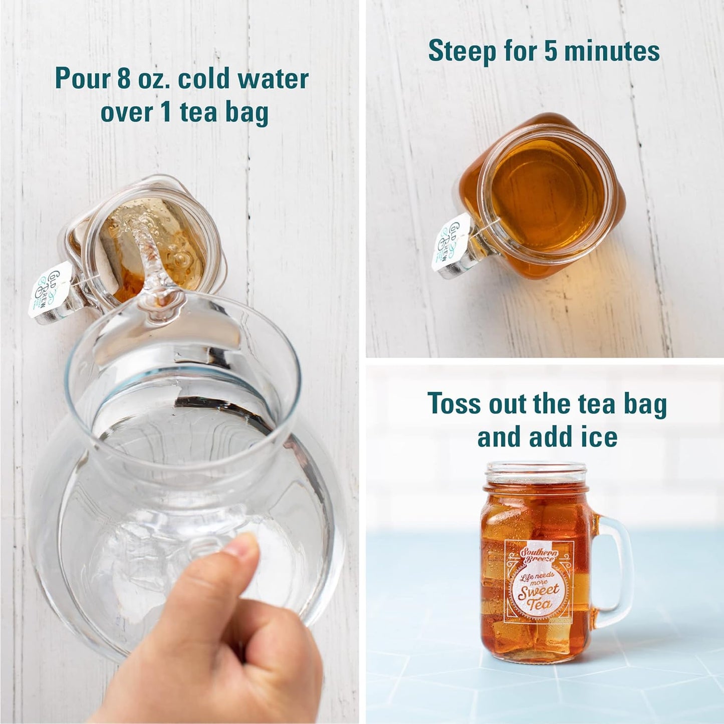 Steps to make decaf cold brew tea bags with water pouring, steeping tea, and iced tea in a mason jar