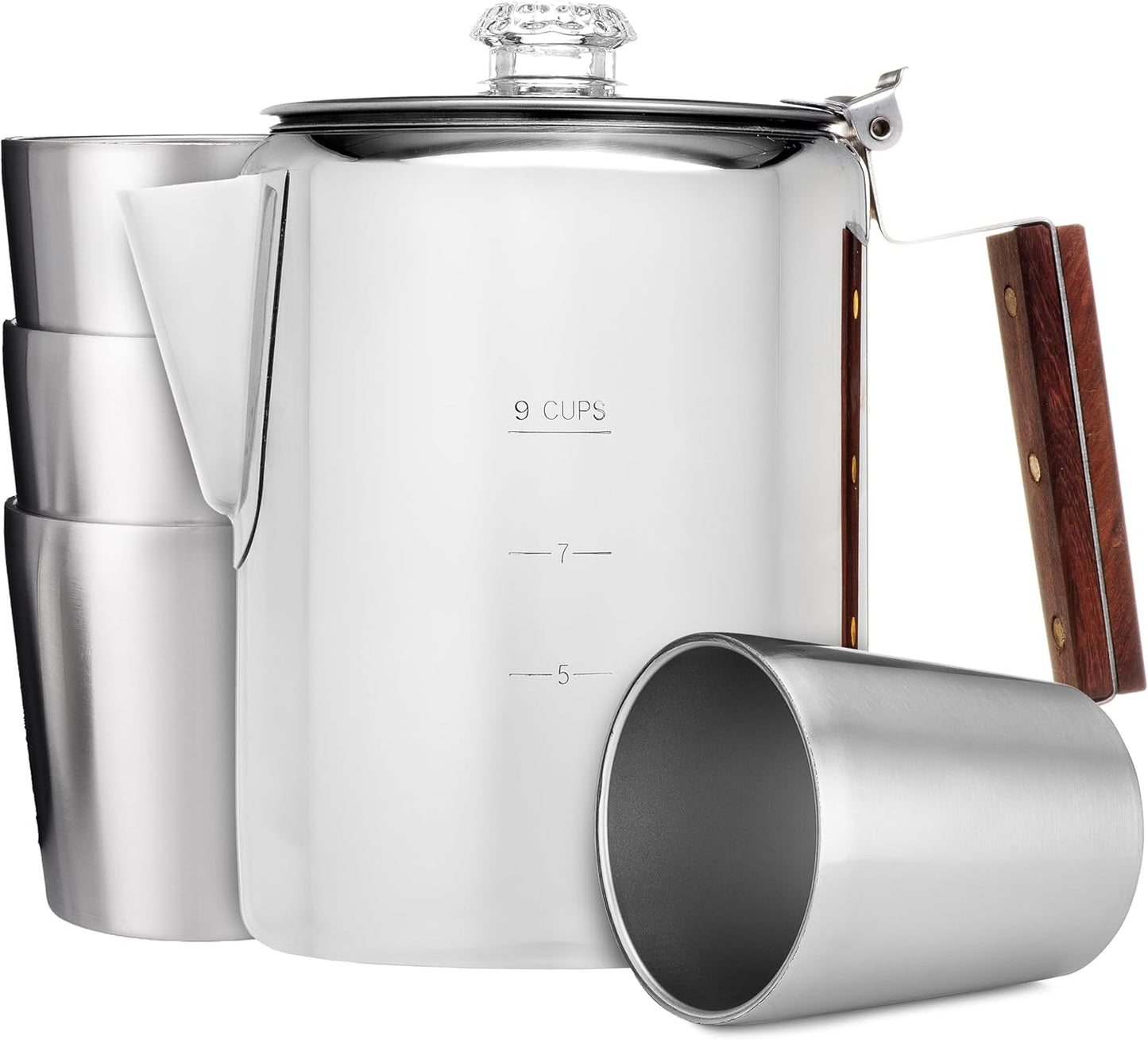 Savies stainless steel percolator coffee pot with wooden handle and four matching stainless steel cups