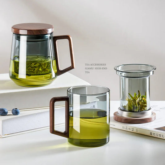 Glass Tea Cup With Wood Handle Chinese Heat Resistant Filter Cups