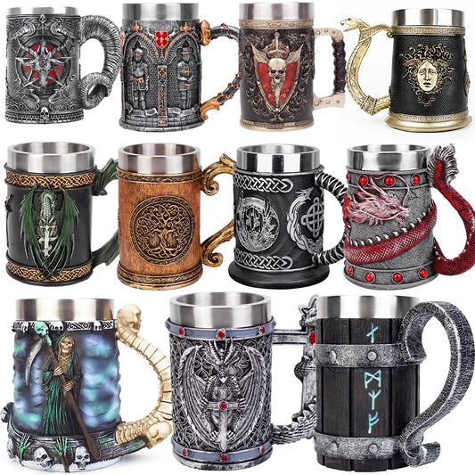 600ML Viking Mug Collection 304 Stainless Steel Insert Resin Beer Danegeld Tankard Coffee Beer Mugs Cup Halloween Friends Gift