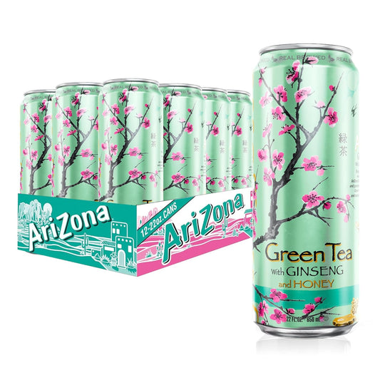 AriZona green tea 22 oz pack with ginseng and honey in floral designed cans by Savies
