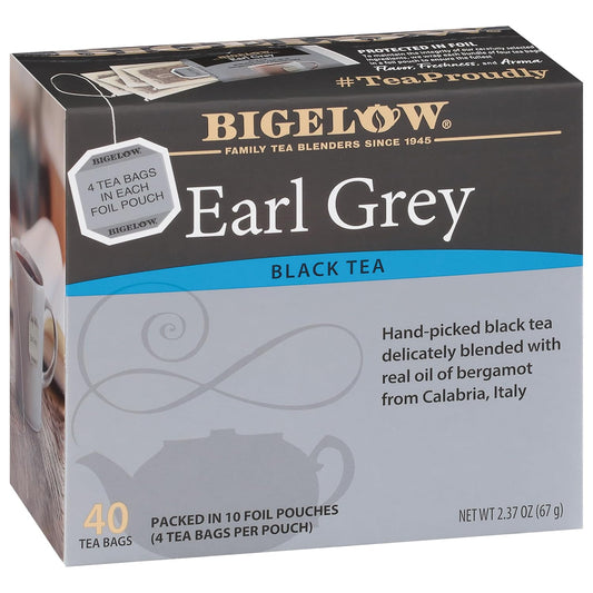 Bigelow Earl Grey black tea box with 40 caffeinated Earl Grey tea bags in foil pouches
