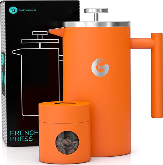 Savies stainless steel French press 34oz in orange with matching coffee bean container and black packaging