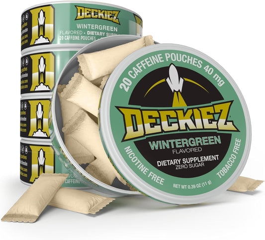 Deckiez Wintergreen flavored 20 caffeine pouches dietary supplement can open with pouches spilled coffee alternative energy supplement