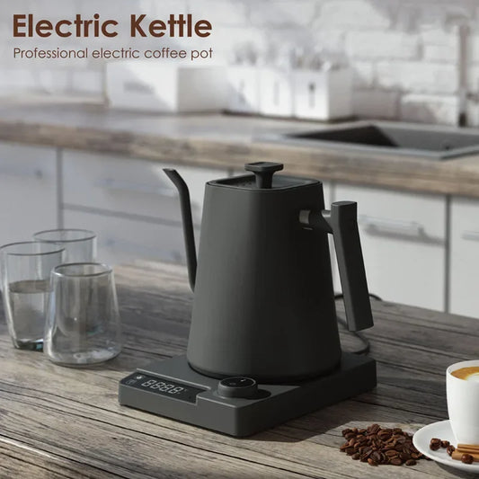Savies electric kettle for coffee and tea in matte black with digital base on wooden kitchen countertop