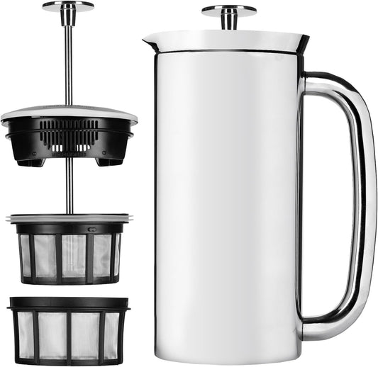 Savies stainless steel French press coffee maker with detachable filters and sleek polished finish