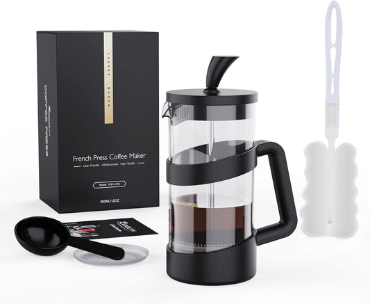 Savies mini french press coffee maker set with black handle, included spoon, brush, and packaging box