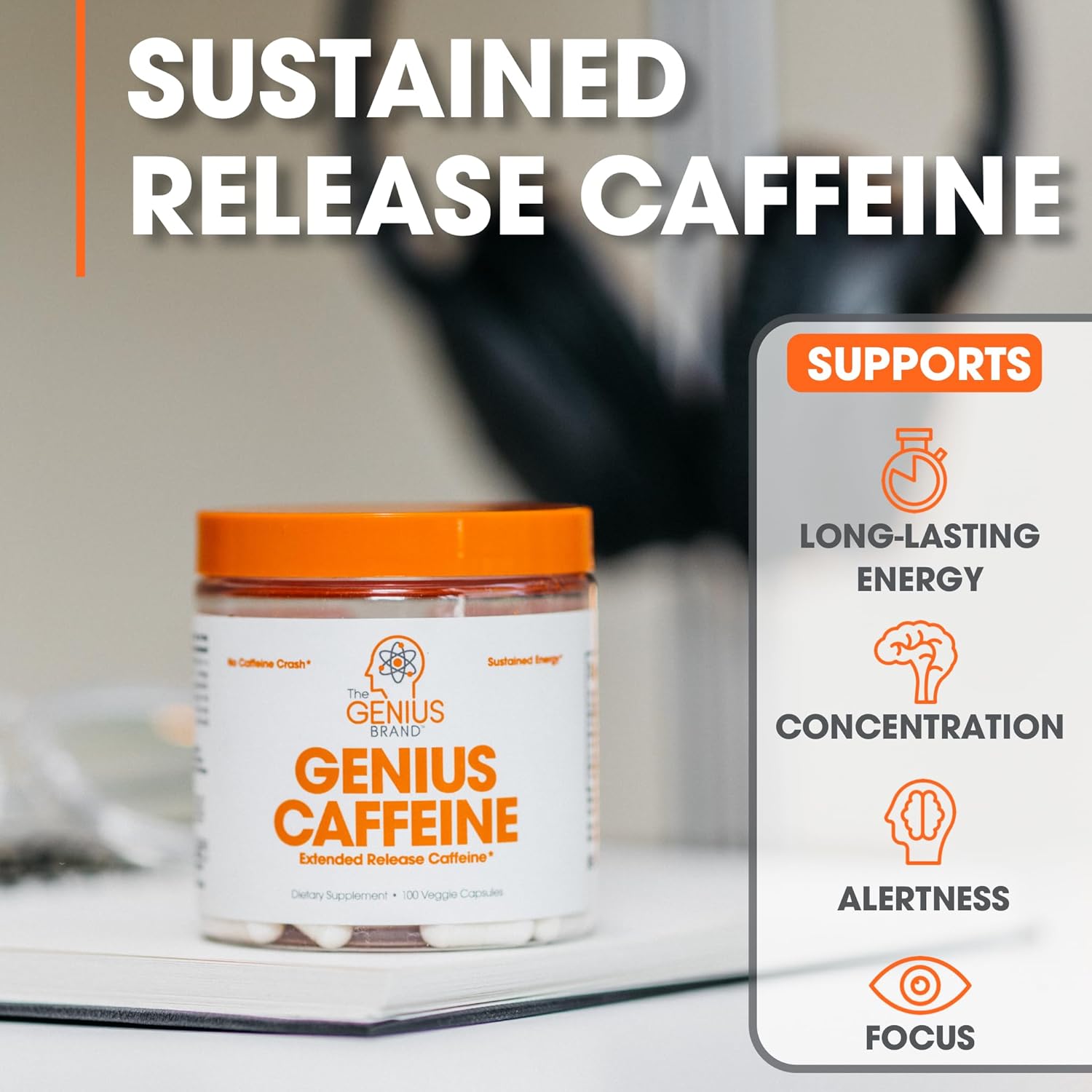Savies Genius Caffeine sustained release caffeine pills for long-lasting energy concentration alertness and focus
