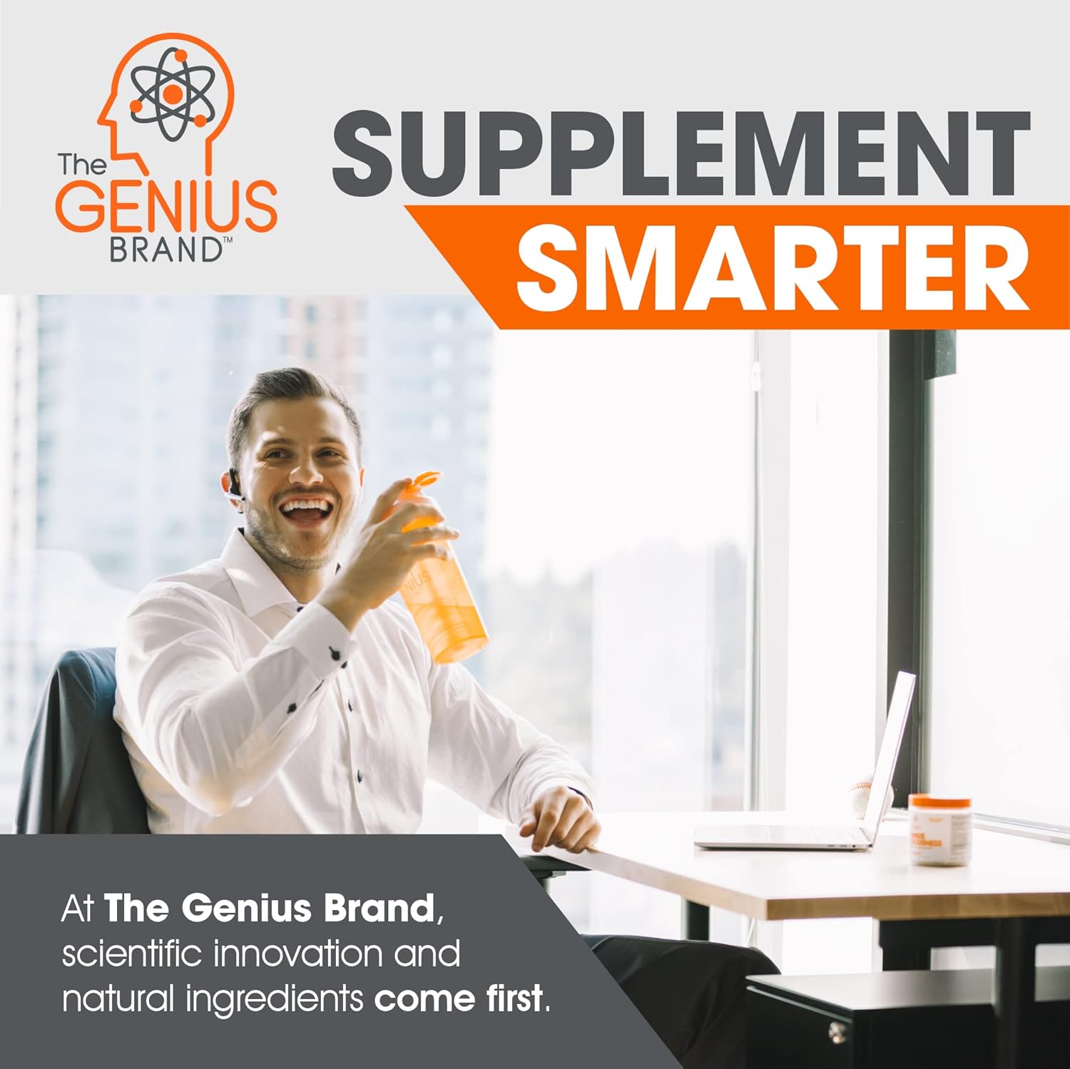 Man drinking supplement from bottle promoting sustained release caffeine pills by Savies for smarter energy