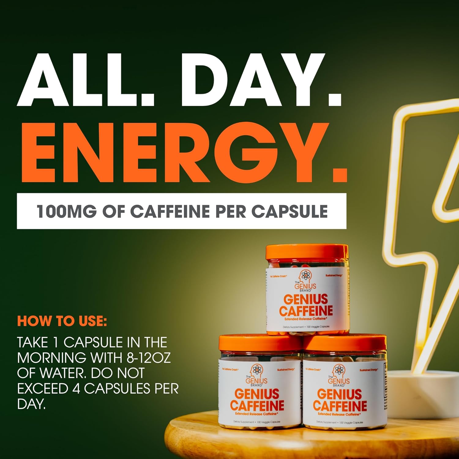 Savies Genius Caffeine sustained release caffeine pills with 100mg caffeine per capsule for all day energy