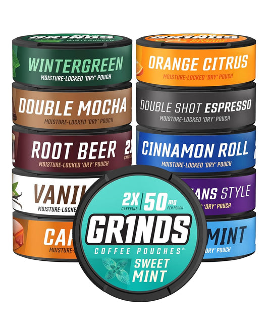 Savies Grinds assorted coffee caffeinated pouches for energy in various flavors including Wintergreen and Sweet Mint