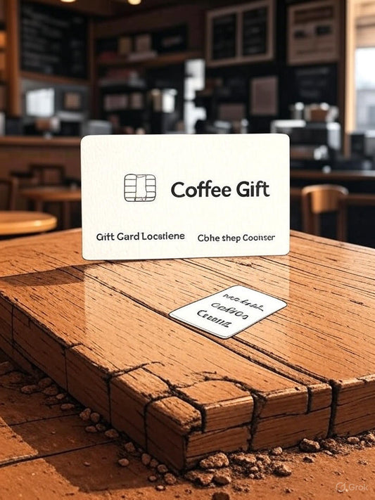 Savies coffee gift card on wooden table for international coffee gifts online with modern cafe background