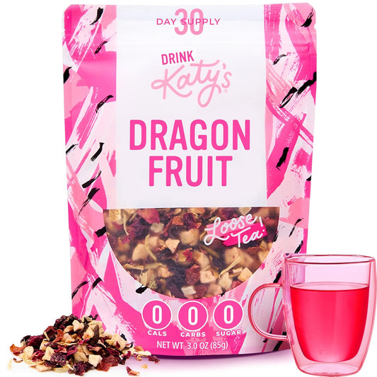 Katy's Dragon Fruit loose tea by Savies hydrating fruit tea for iced drinks with pink packaging and a glass of pink tea