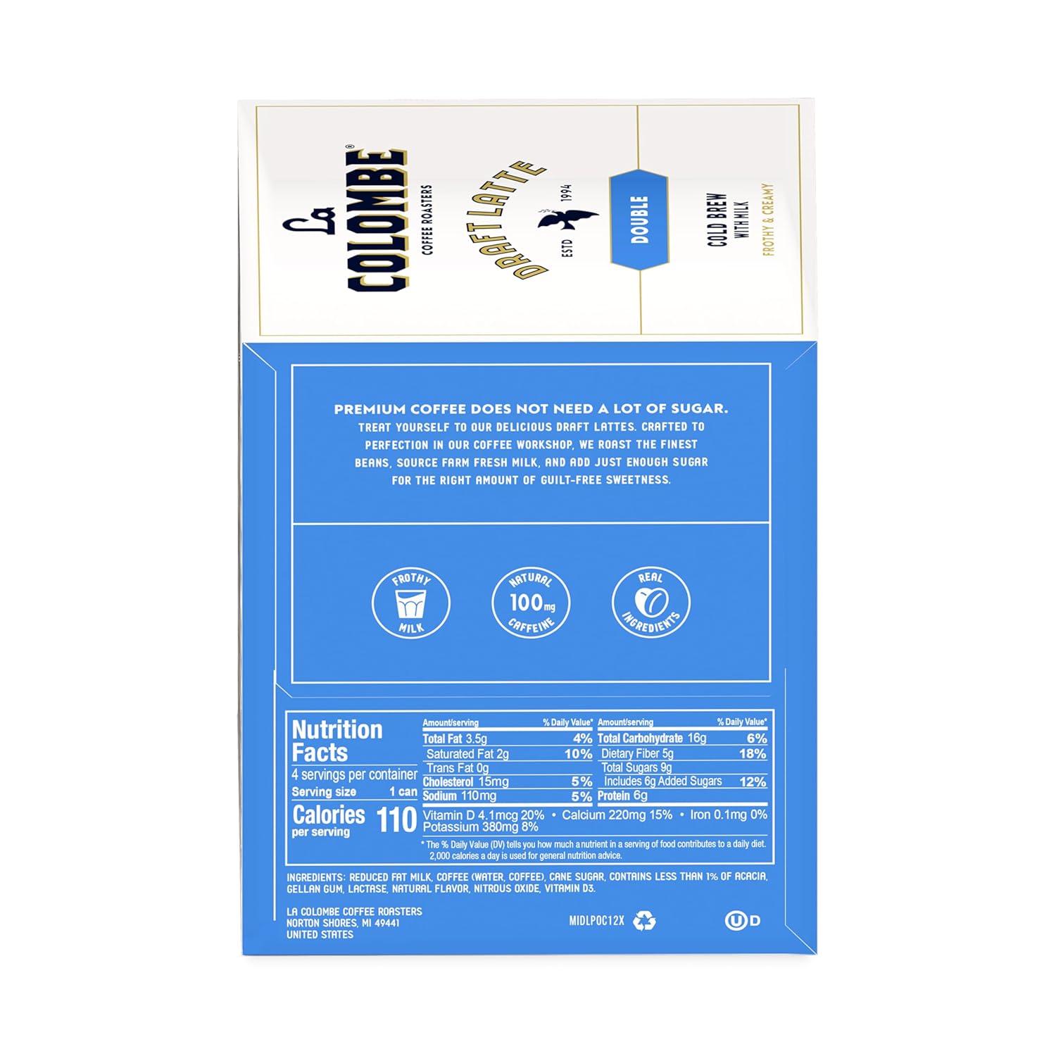 La Colombe Draft Latte 4 pack with premium coffee details and nutrition facts on blue and white packaging