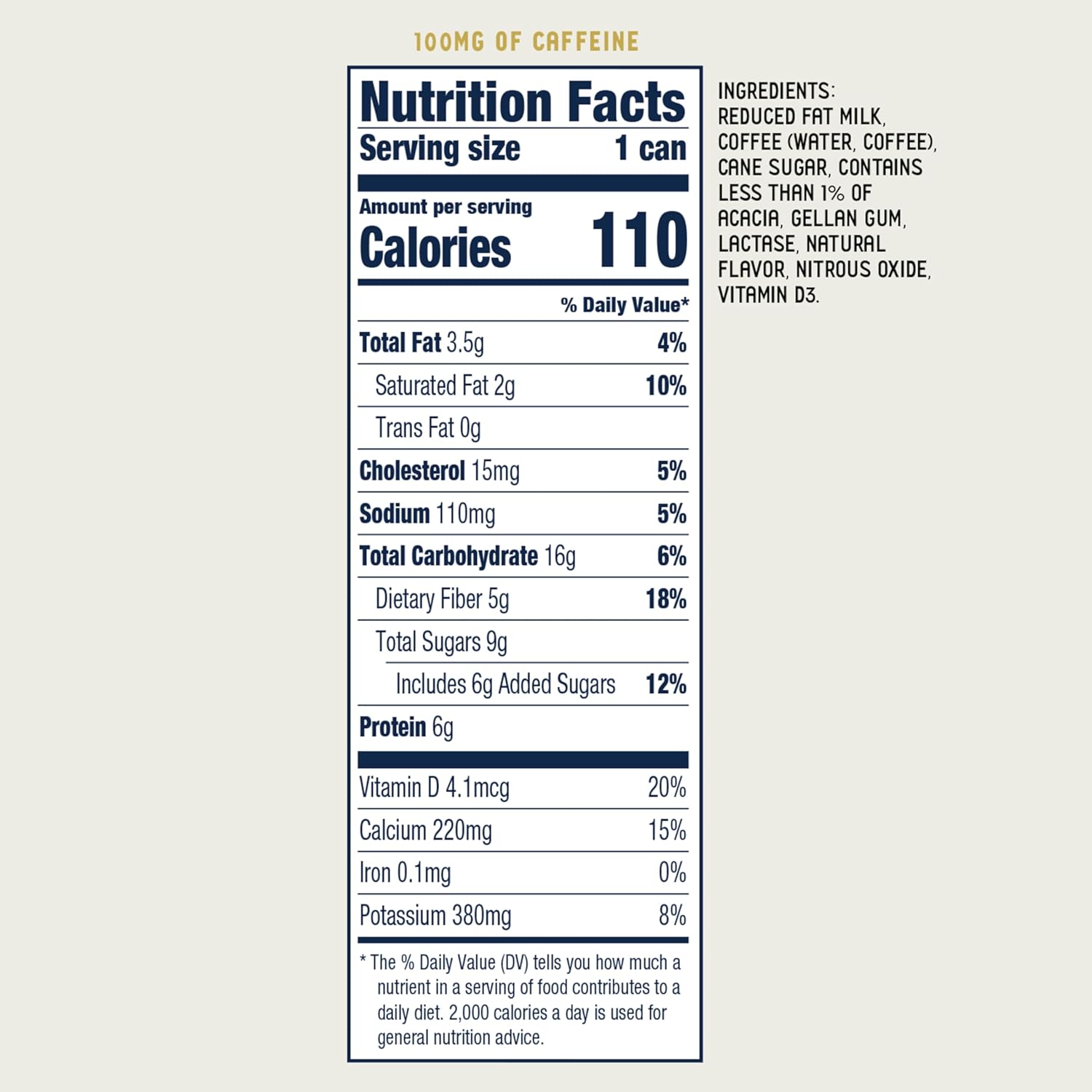Nutrition facts label for La Colombe Draft Latte 4 pack showing calories and ingredients