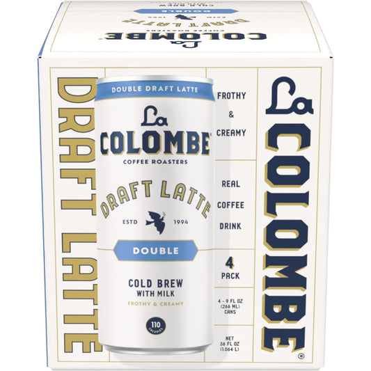 La Colombe Draft Latte 4 pack cold brew coffee with milk in white and blue cans by Savies