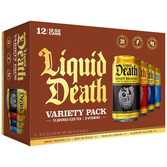 Liquid Death iced tea variety pack with 12 cans featuring Sweet Reaper, Rest in Peach, Dead Billionaire, and Blueberry Buzzsaw flavors