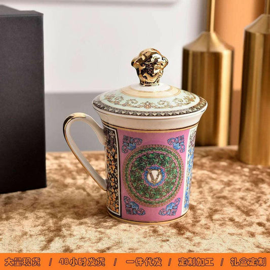 Savies luxury afternoon tea mugs with ornate floral design and gold accents with lid
