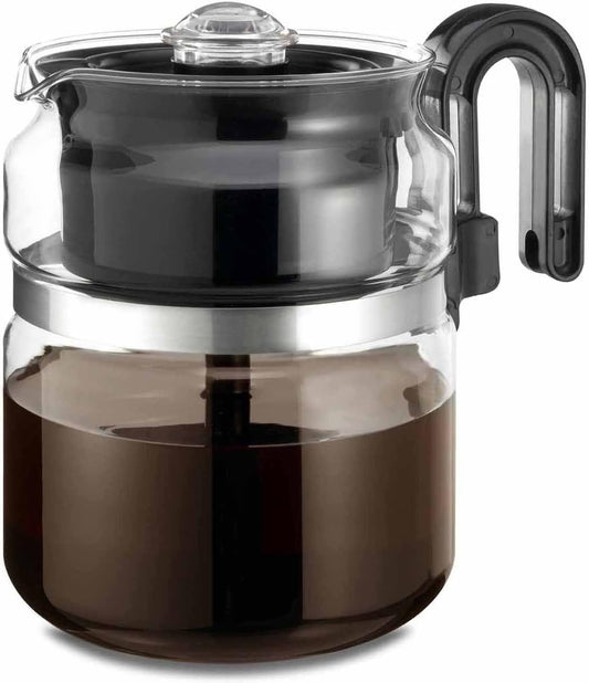 Savies 8-cup borosilicate coffee pot with black handle and lid filled with brewed coffee
