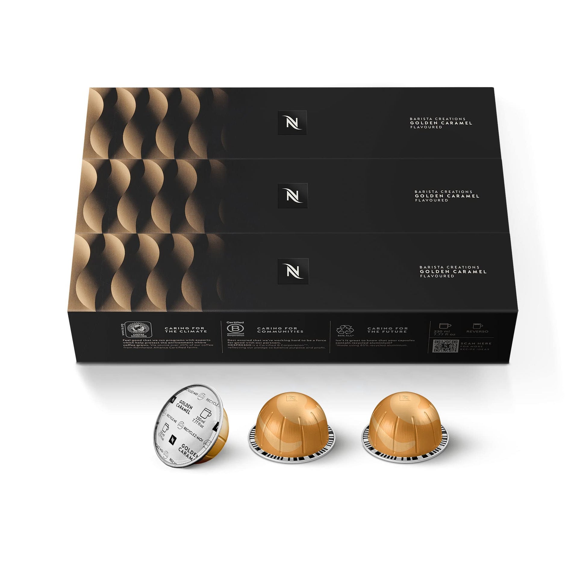 Savies Nespresso coffee capsule bundle with golden caramel flavored coffee pods in sleek black packaging
