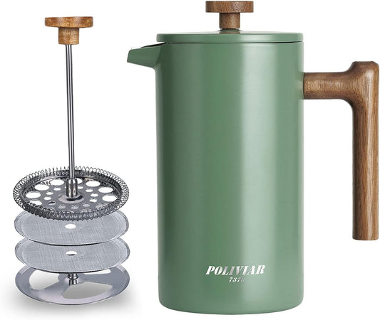 Savies stainless steel coffee press with wood handle in green with removable filter and plunger