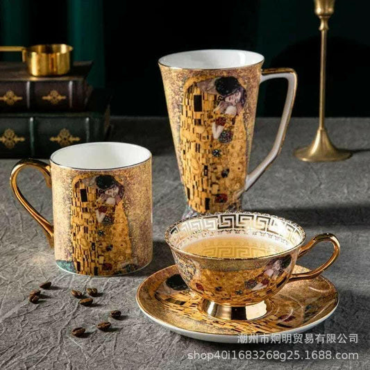 Savies premium coffee gift bundle featuring elegant gold and art-inspired coffee cups and mug set